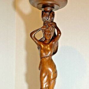 Art Nouveau Deco Figural Woman Wood Carved Pedestal Ashtray Smoking Plant Stand